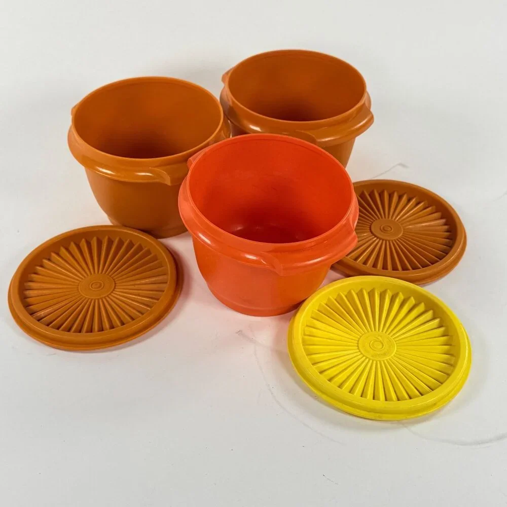 Vintage 3 Tupperware Servalier Bowls w/ Sunburst Lids Brown Yellow Orange 1970s